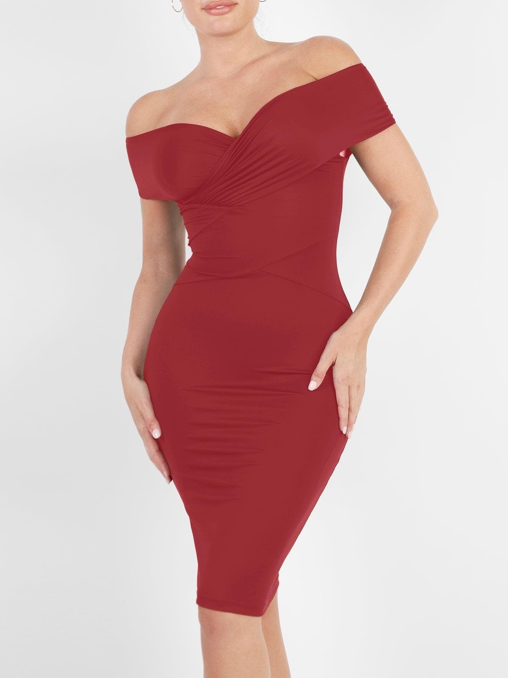 Elegant Off-Shoulder Red Dress — Sleek Evening Bodycon